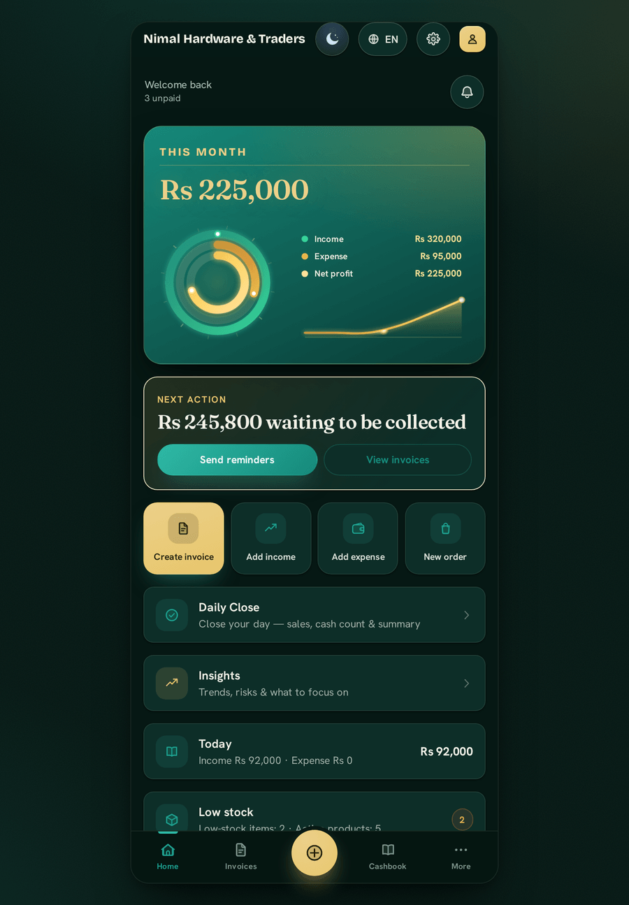 The BillBook Business dashboard running fluently in Hindi on a phone