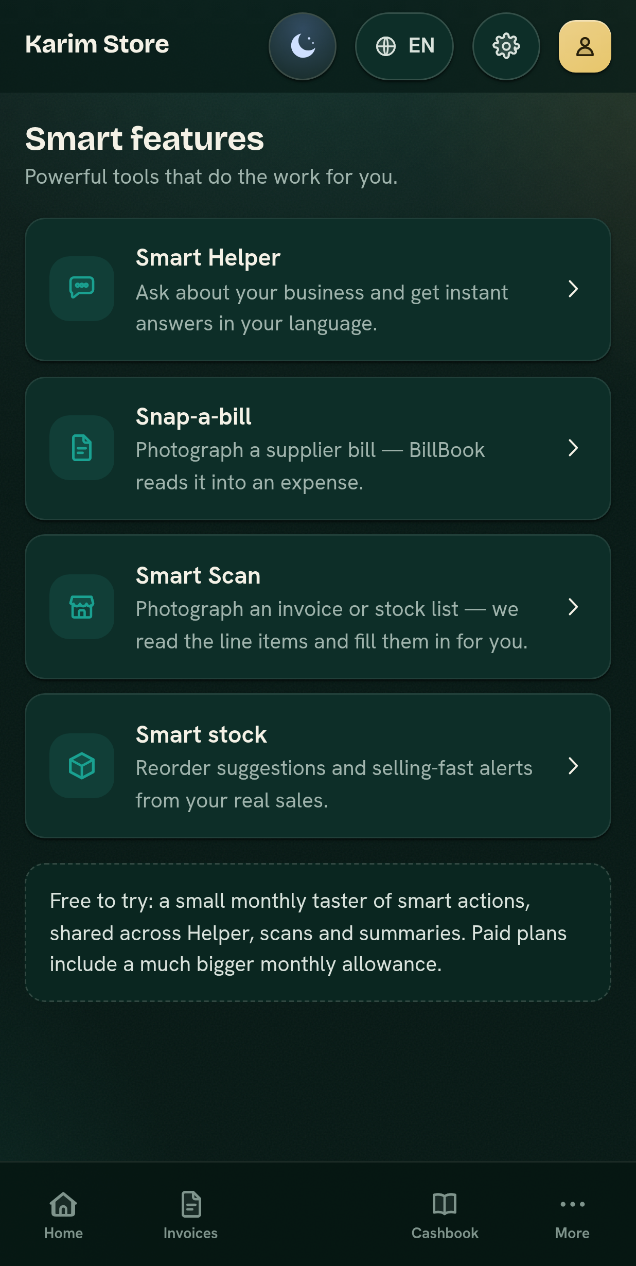 The BillBook Business Smart screen — Smart Helper, Snap-a-bill, Smart Scan and smart stock — in the Midnight Atelier skin