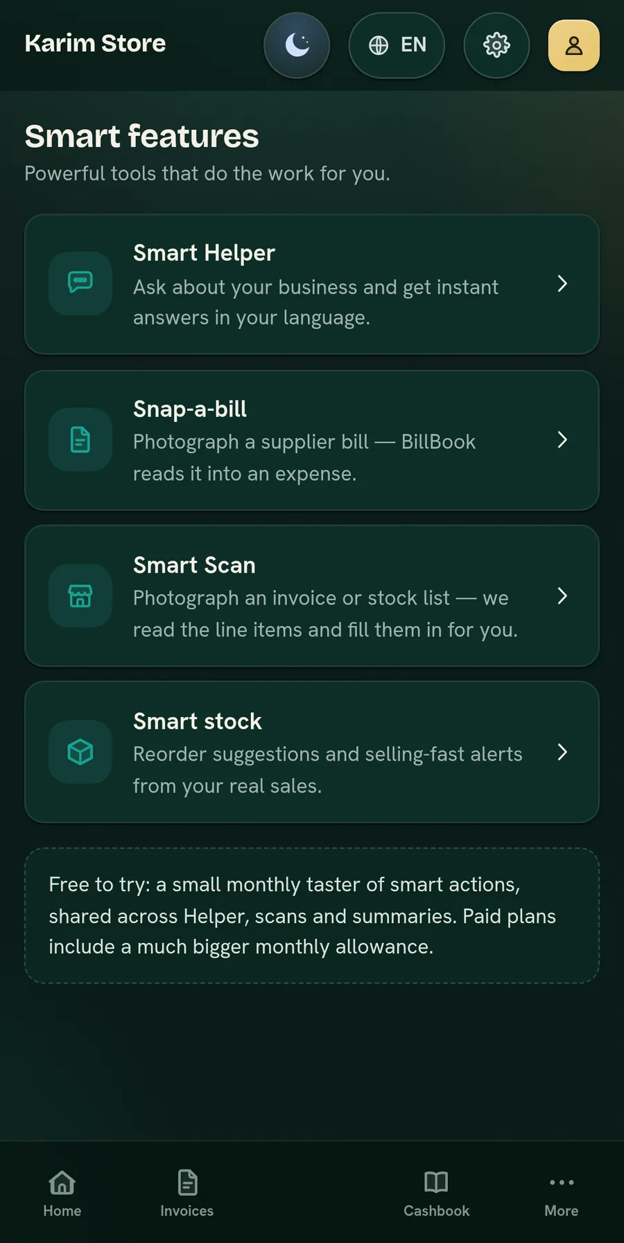 The BillBook Business Smart screen — Smart Helper, Snap-a-bill, Smart Scan and smart stock — in the Midnight Atelier skin