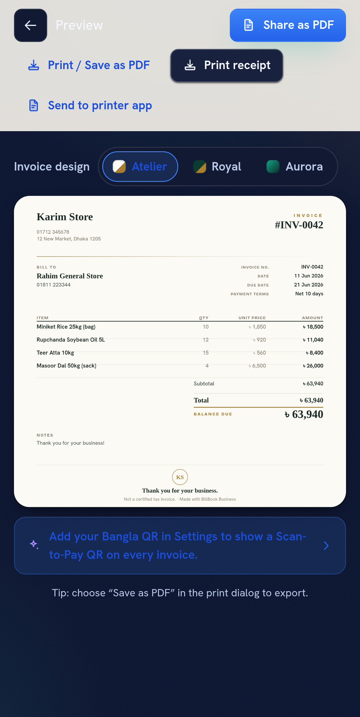 The BillBook Business invoice screen with the Atelier, Royal and Aurora invoice designs to choose from