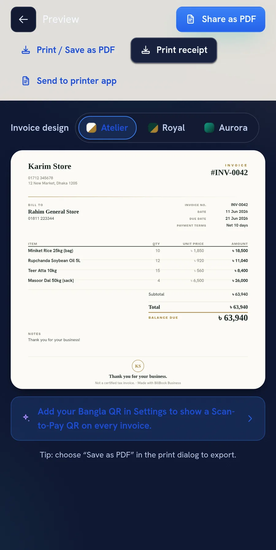 The BillBook Business invoice screen with the Atelier, Royal and Aurora invoice designs to choose from