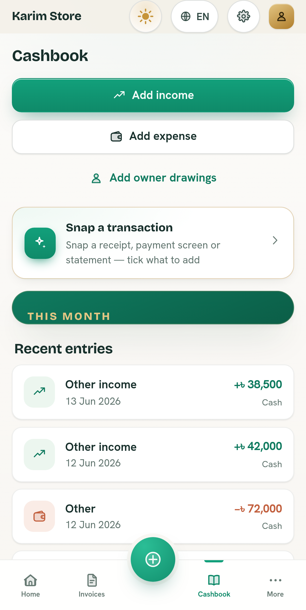 BillBook cashbook in the Ledger Light theme