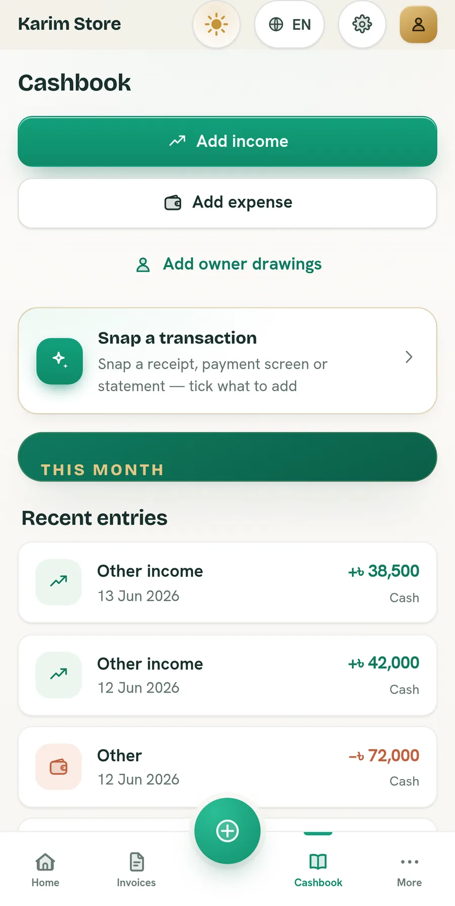 BillBook cashbook in the Ledger Light theme