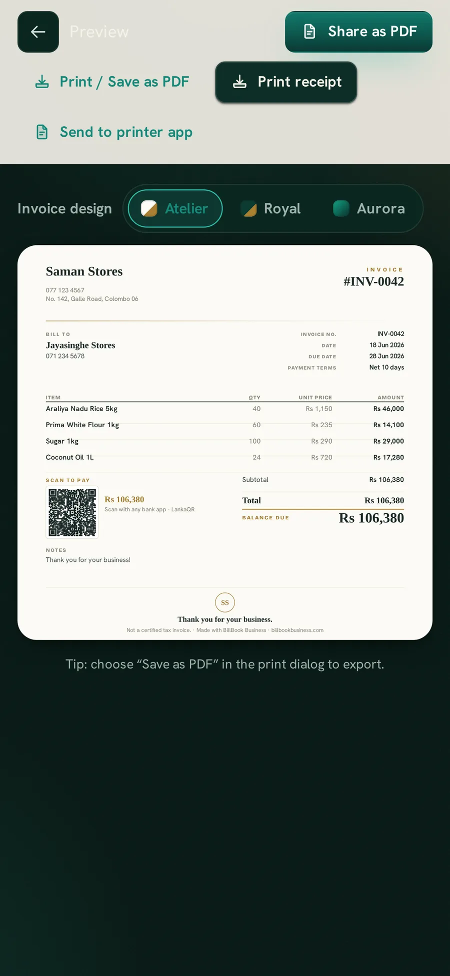 The BillBook Business invoice screen with the Atelier, Royal and Aurora invoice designs to choose from