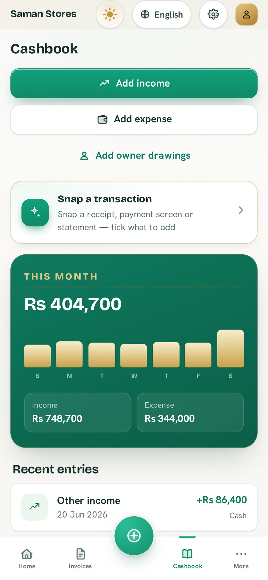BillBook cashbook in the Ledger Light theme