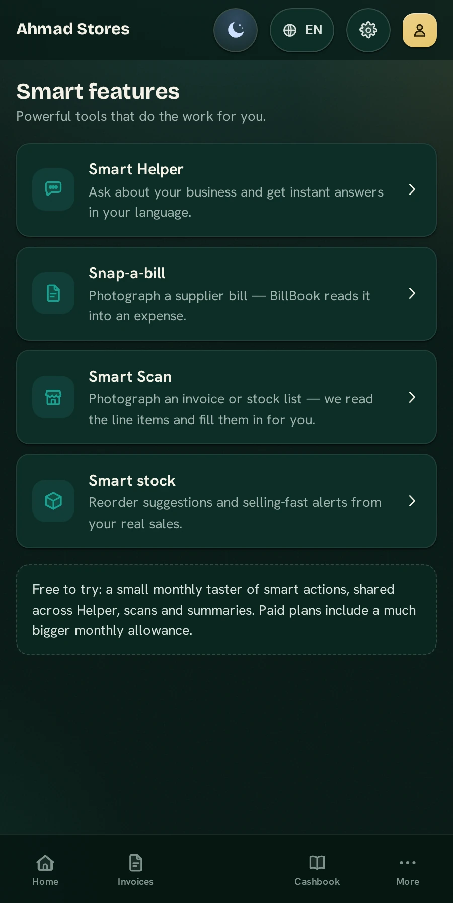 The BillBook Business Smart screen — Smart Helper, Snap-a-bill, Smart Scan and smart stock — in the Midnight Atelier skin