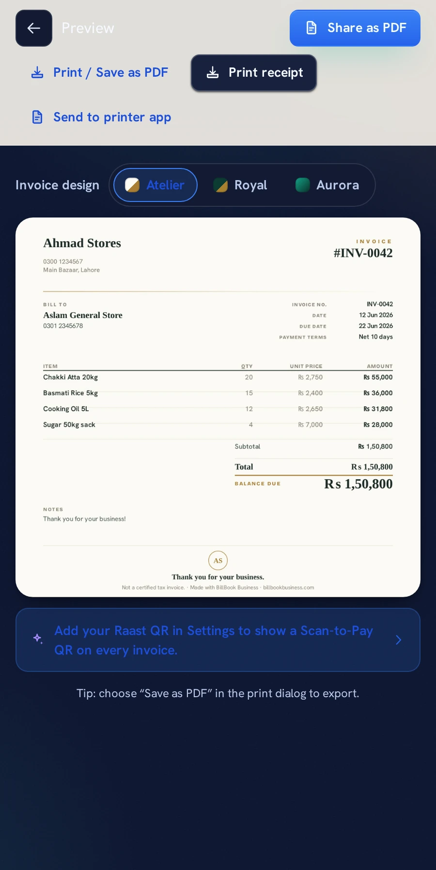 The BillBook Business invoice screen with the Atelier, Royal and Aurora invoice designs to choose from