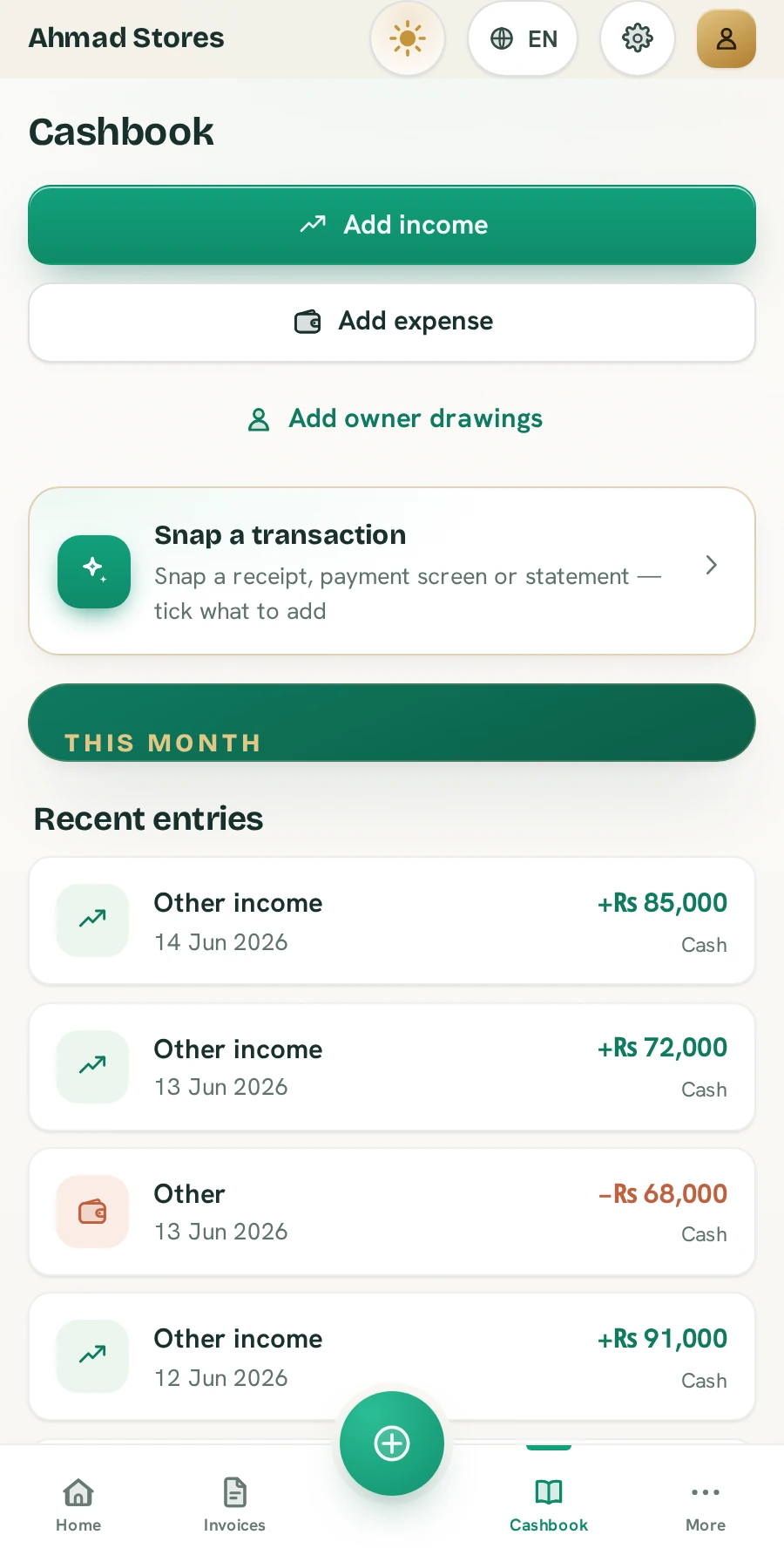 BillBook cashbook in the Ledger Light theme